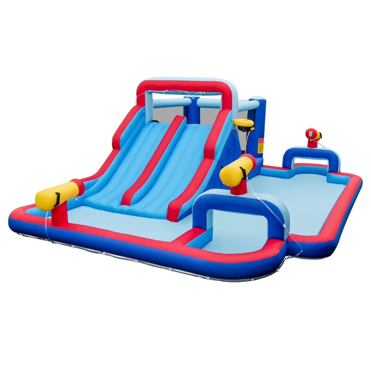 Dual-slide inflatable water park bounce house for kids, ideal for backyard fun. 5-in-1 design.