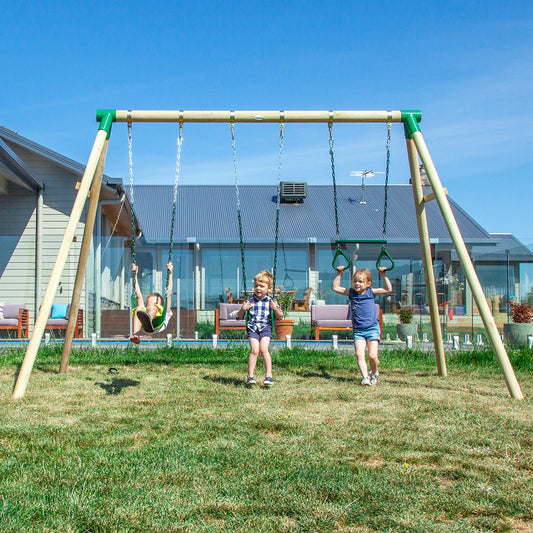 Wesley Double Wooden Swing Set with Trapeze Bar for Backyard Playground - Fun for Kids.