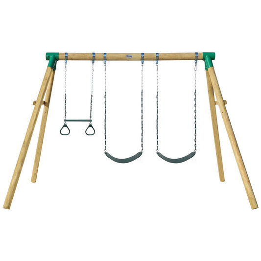 Wesley Double Swing Set with Trapeze Bar, ideal backyard playground equipment for kids.