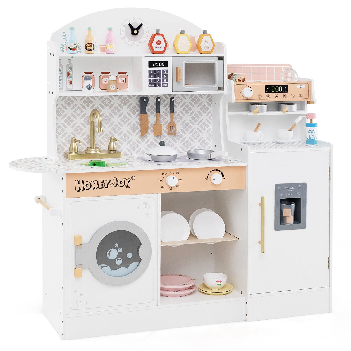 Costway Wooden Kitchen Playset with Clock and Microwave-White
