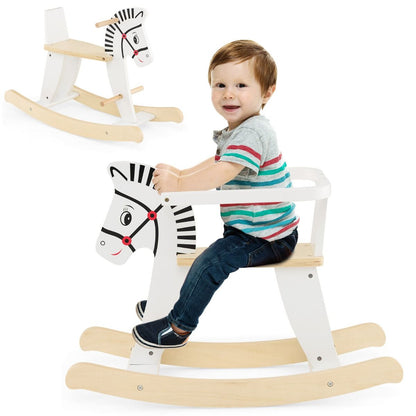 White wooden rocking horse for kids with safety fences, ideal for playful indoor activities.