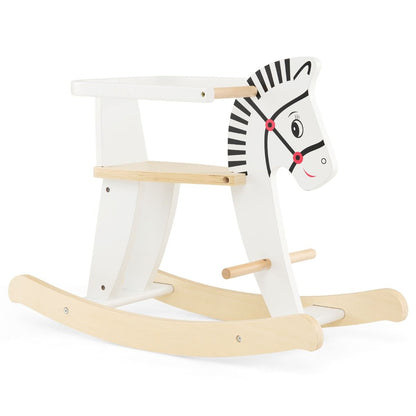 White wooden rocking horse with safety fences for kids imaginative play at home.