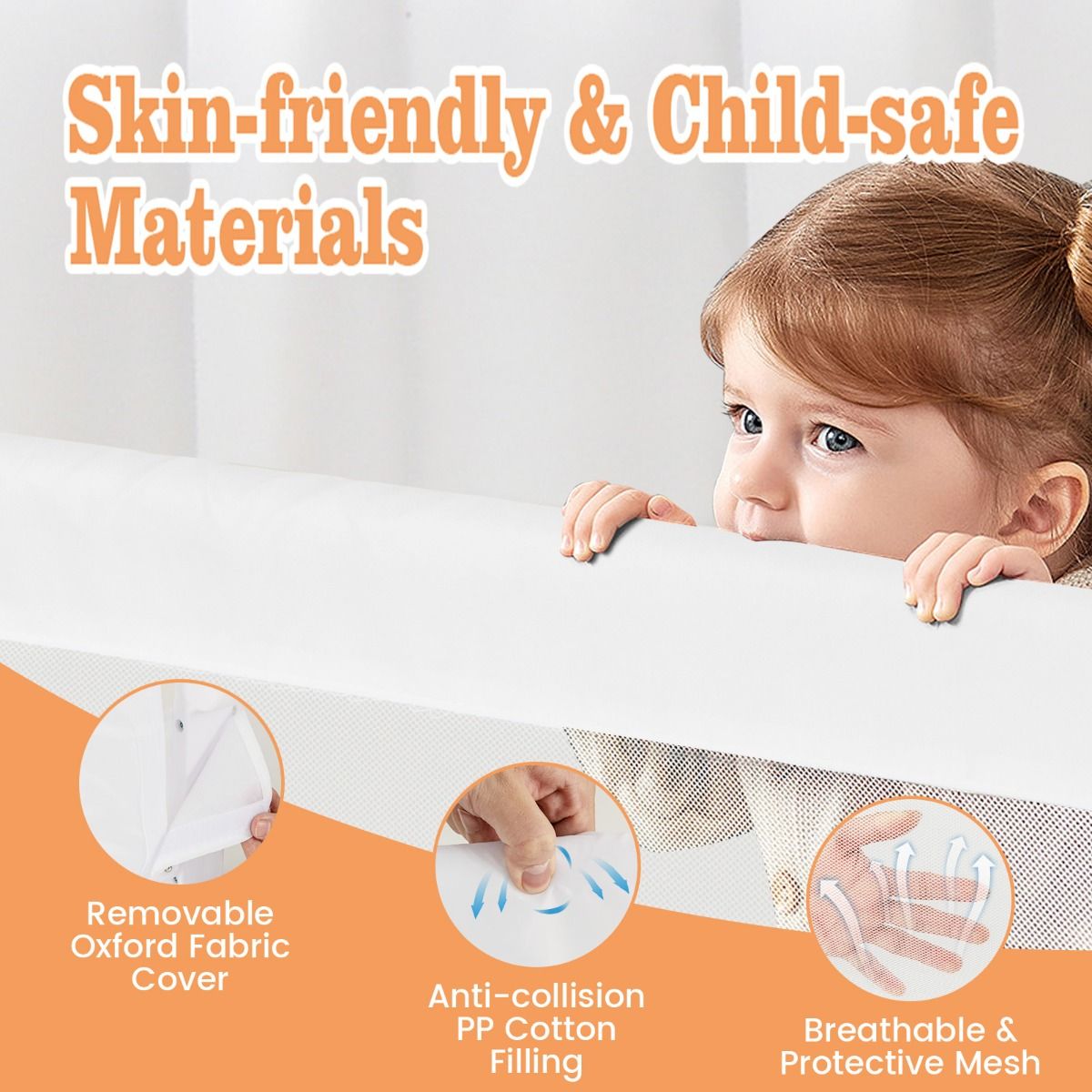 Adjustable white mesh toddler bed rail guard for safety and security at home.