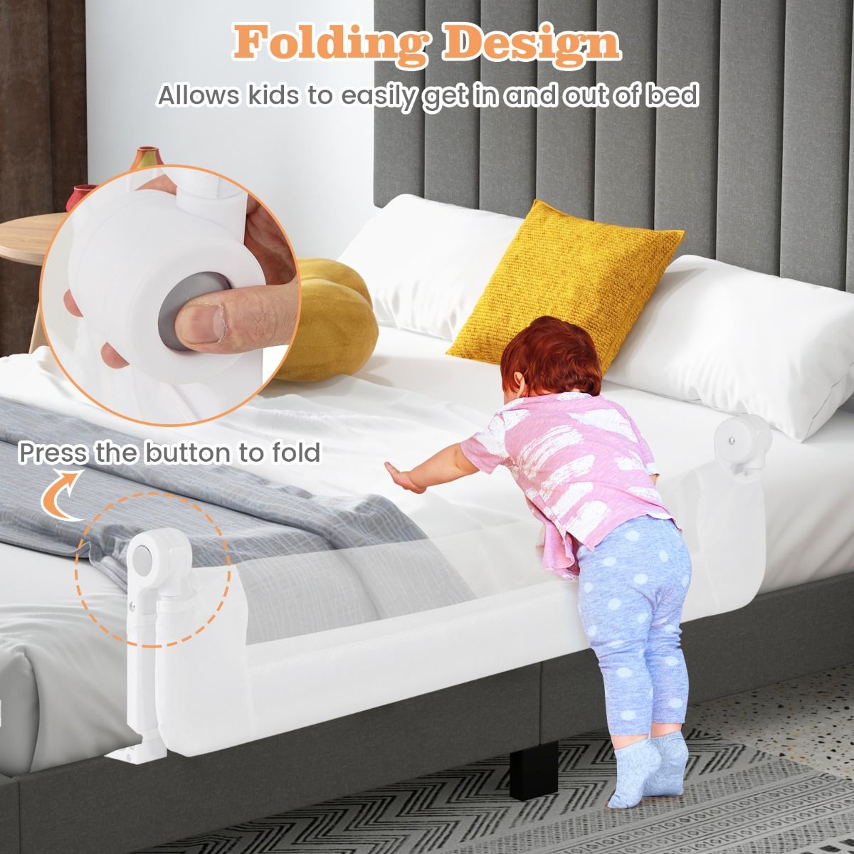 Adjustable white mesh safety guard for toddler bed preventing falls, ideal for home use.