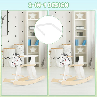 White wooden rocking horse with safety fences, ideal for childrens playroom decor and fun.