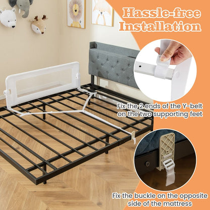 Adjustable white mesh safety guard for toddler bed, keeping children secure while sleeping.