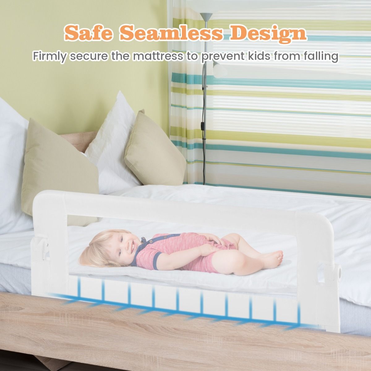 Adjustable white mesh toddler bed rail guard for safety and peace of mind.