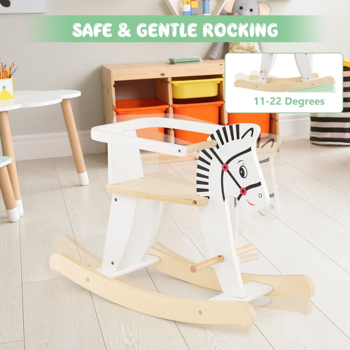 White wooden rocking horse with safety fences, ideal for kids play and dÃ©cor.