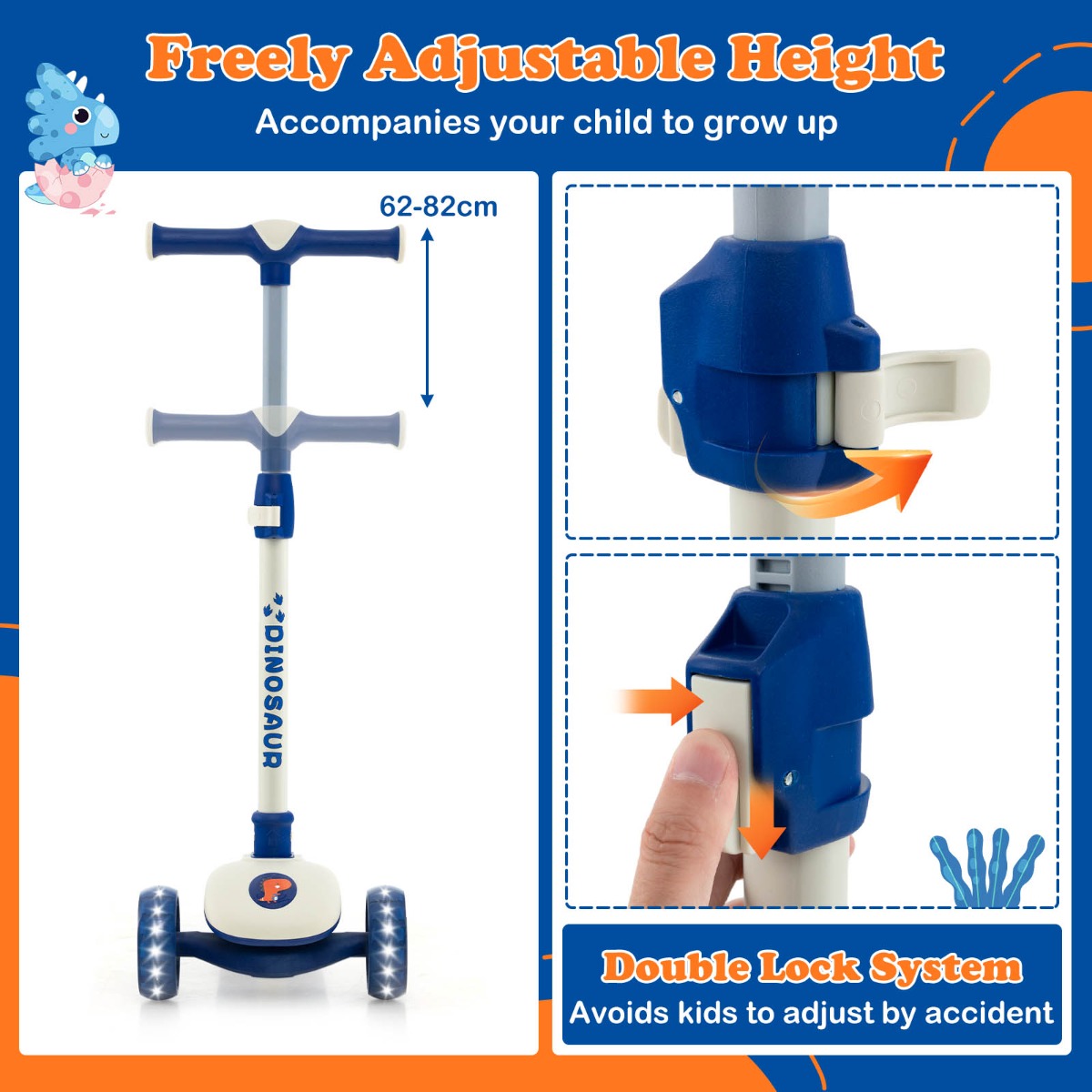 Kids 3-wheel LED scooter with adjustable height, perfect for outdoor fun at home.