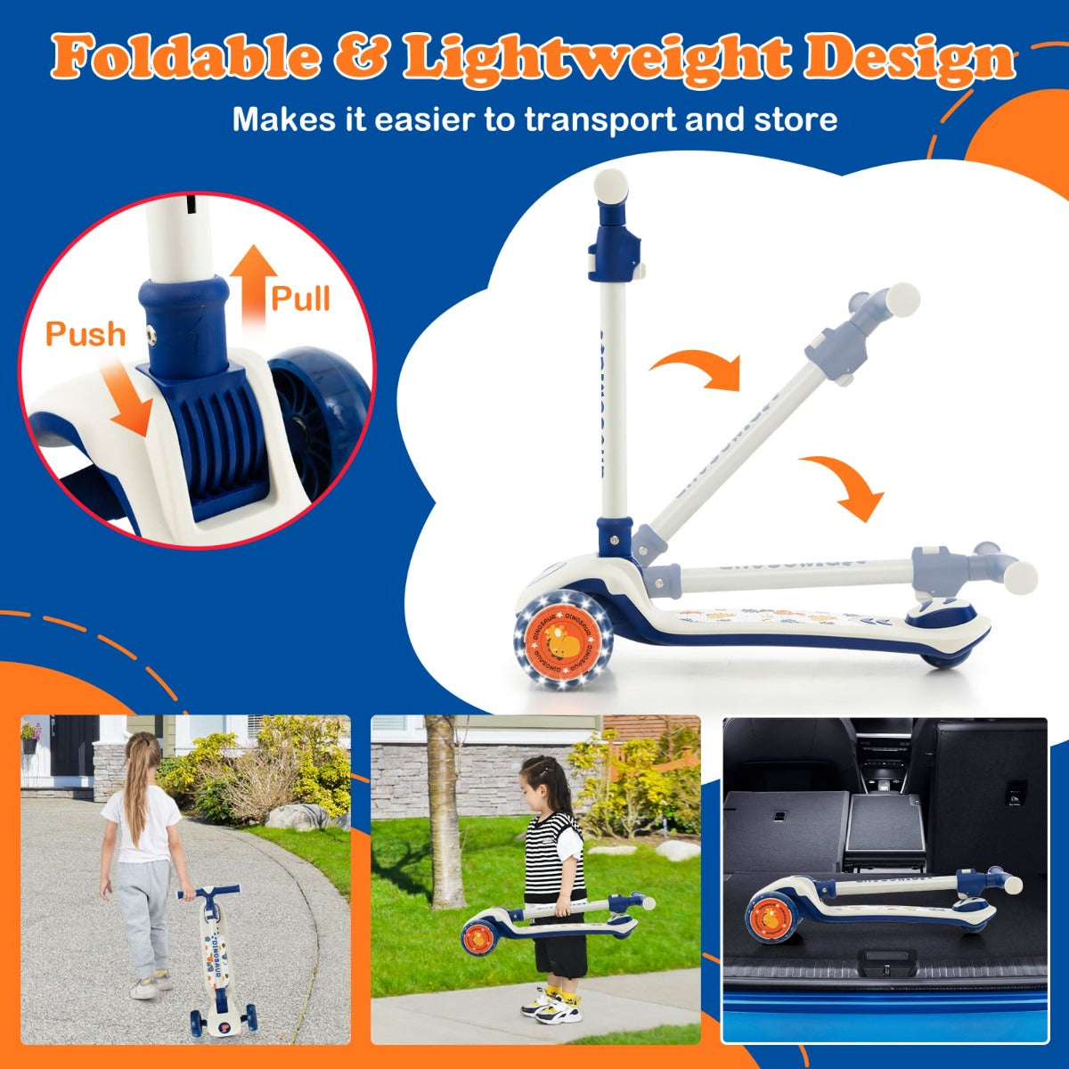 Kids LED scooter with adjustable height for fun and safe riding at home.