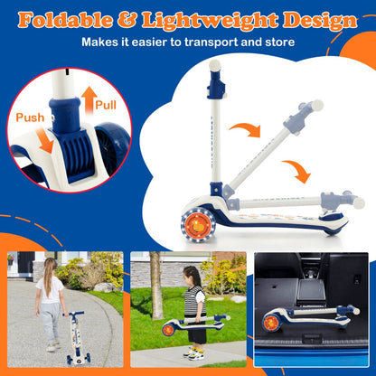 Kids LED scooter with adjustable height for fun and safe riding at home.