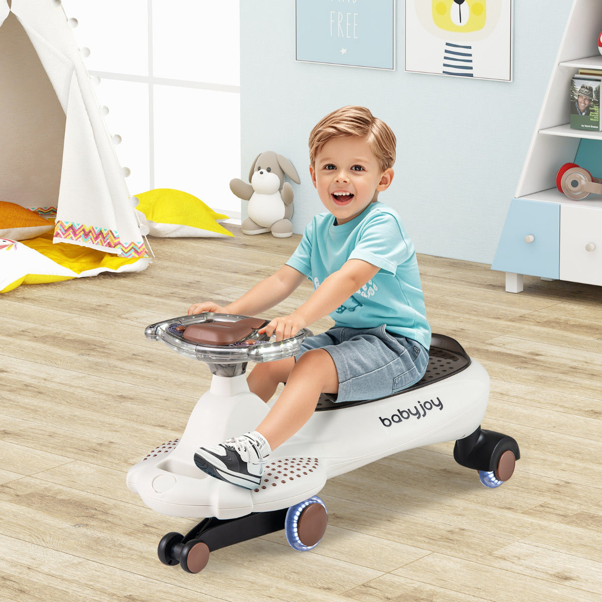 Beige Wiggle Car LED Lights Music Horn Storage | Kids Ride On