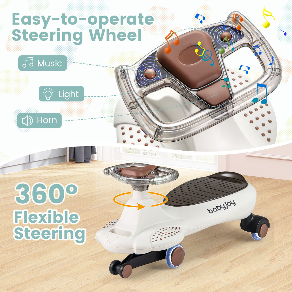 Beige Wiggle Car LED Lights Music Horn Storage | Kids Ride On