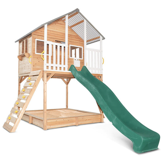 Winchester Elevated Cubby House with Green Slide and Sandpit, perfect backyard playset for kids.