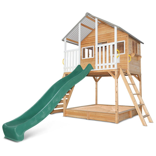 Winchester Elevated Cubby House with Green Slide and Sandpit for imaginative outdoor play