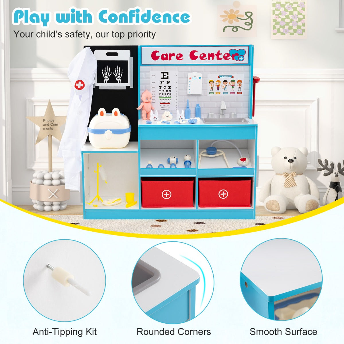 Blue Wood Medical Toy Set | Doctor Play Kit with X-Ray Films