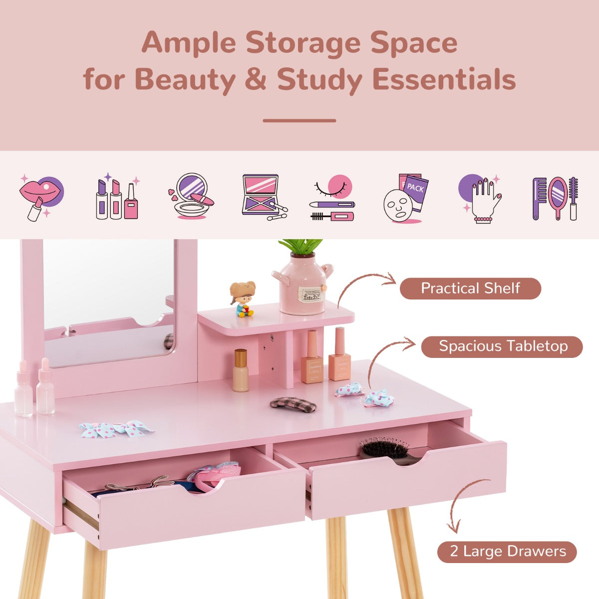 Kids pink wood vanity set with mirror, drawers, and stool for imaginative play and grooming.