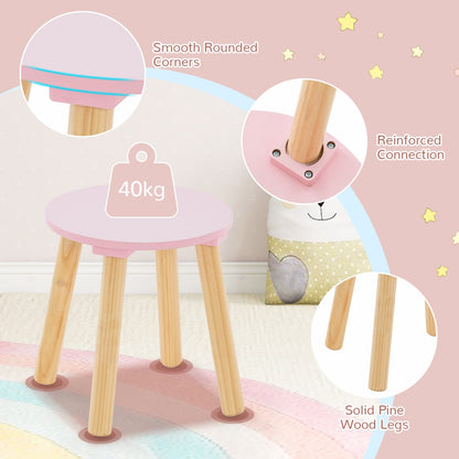 Kids pink wood vanity table set with mirror, drawers and stool for imaginative play.