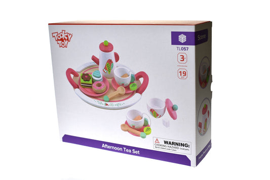 Colorful wooden bird-themed tea set for interactive play and imaginative fun for kids.