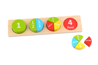 Colorful wooden fractions puzzle for childrens math learning at home, interactive and educational.