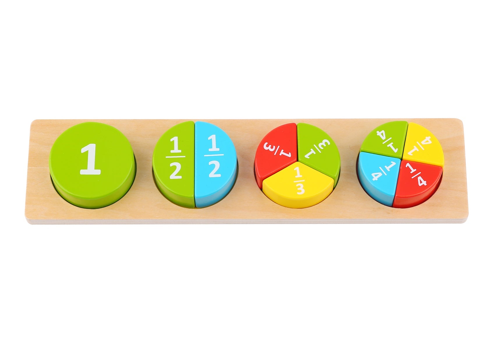 Colorful wooden block fractions puzzle for kids to learn with interactive play at home.