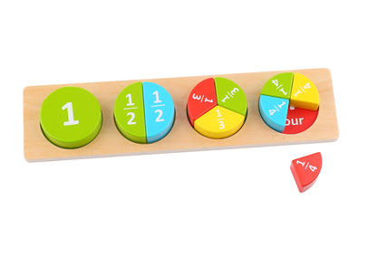 Colorful fraction puzzle with wooden blocks for childrens educational learning at home.