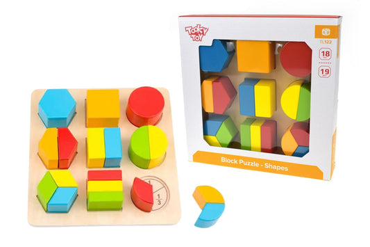 Colorful geometric wooden blocks puzzle set for kids educational play at home.