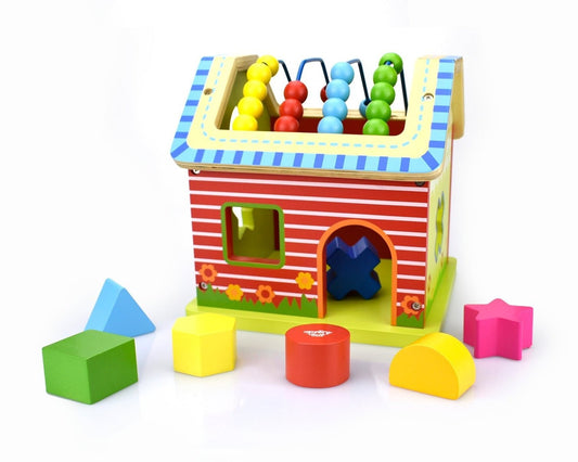 Colorful abacus activity house with wooden blocks for engaging, educational play at home.