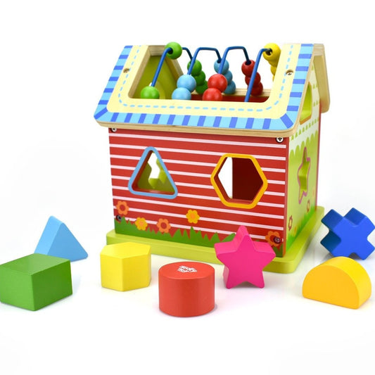 Wooden block toy abacus activity house for kids educational play and learning at home.