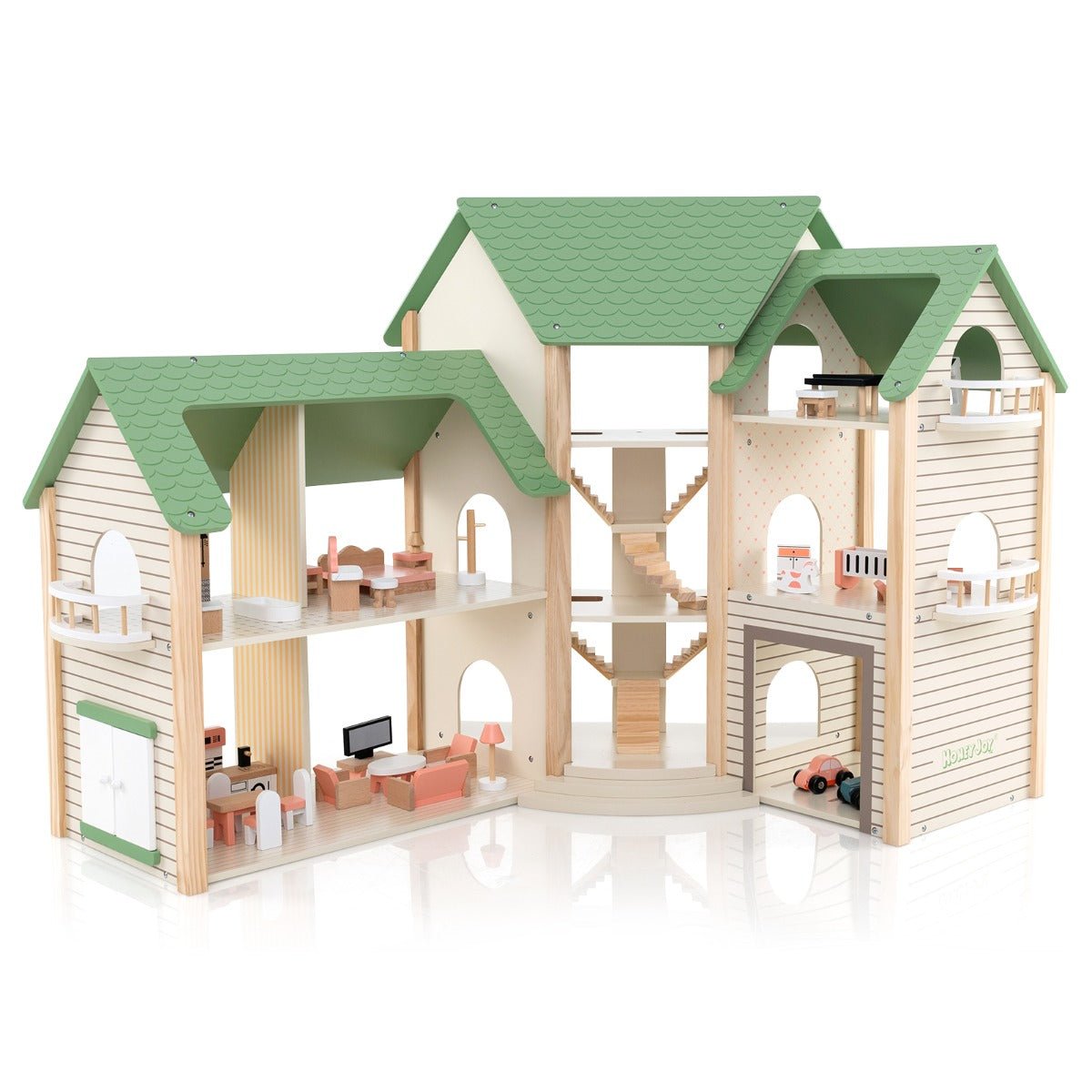 Wooden 3-story dollhouse playset with 34 furniture pieces for dolls up to 15cm.