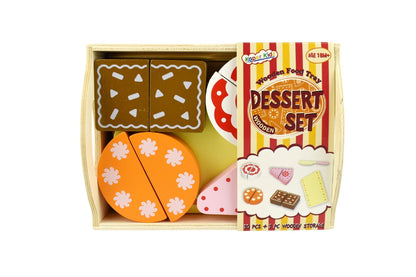 Wooden play set with dessert and cake replicas on a tray for kids imaginative play.