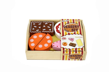 Childrens wooden play food tray set with desserts and cakes for imaginative play at home.