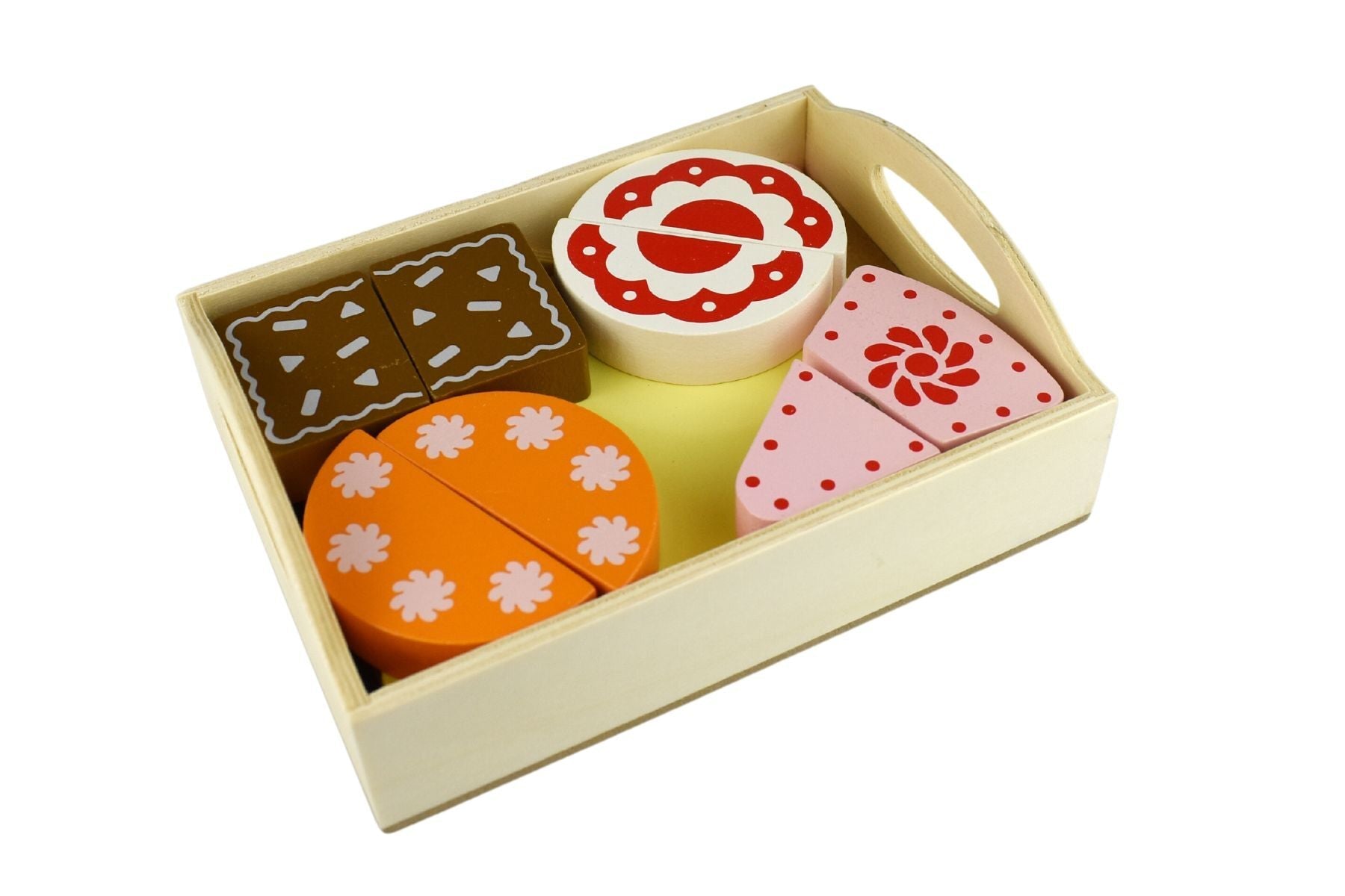 Colorful wooden play set with dessert and cake pieces, ideal for imaginative play at home.