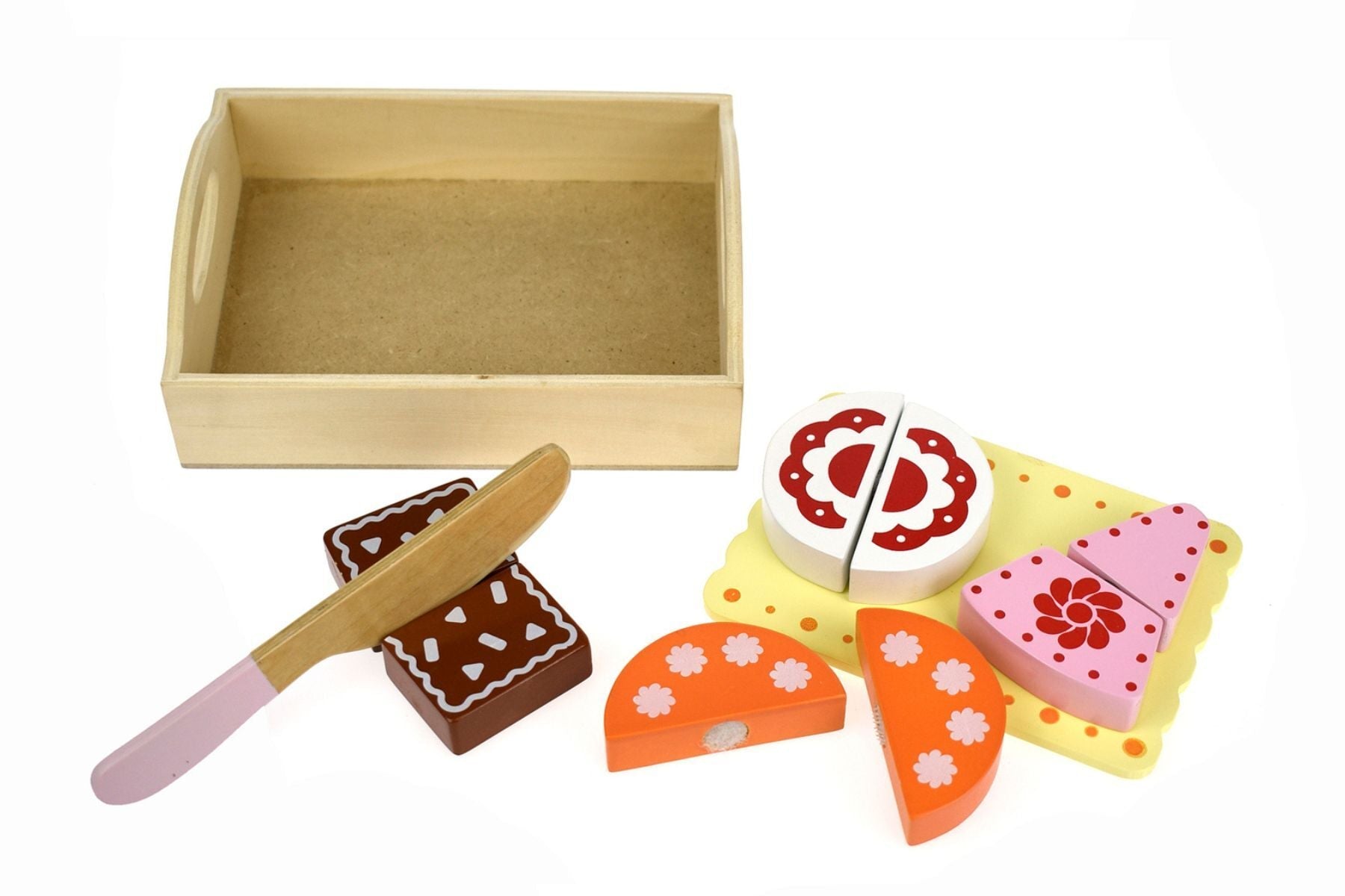 A wooden dessert tray with a toy cake, and serving utensils