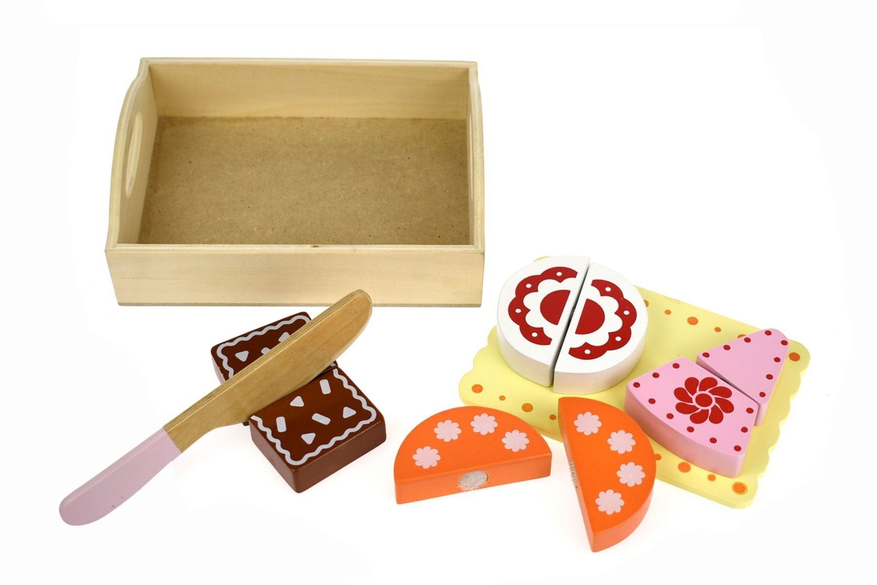 Wooden dessert and cake play set for childrens imaginative home play experience.