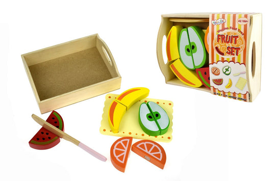 Fruit-themed wooden food tray, perfect for kids snacks and meals at home.