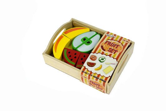 Colorful wooden fruit tray for imaginative play, perfect for childrens kitchen sets.