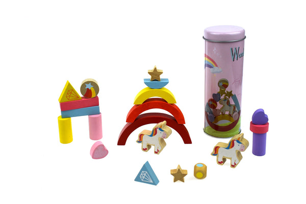 Wooden Unicorn Balancing Blocks Game in Metal Cylinder - Kids Mega Mart