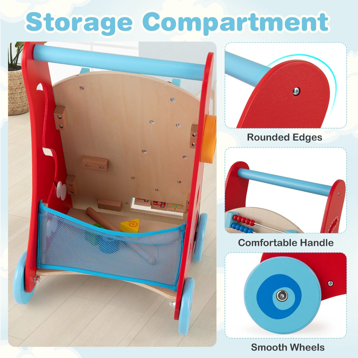 Wooden Baby Push Walker | Multicolor Activity Center with Storage