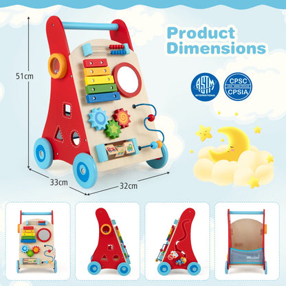 Wooden Baby Push Walker | Multicolor Activity Center with Storage