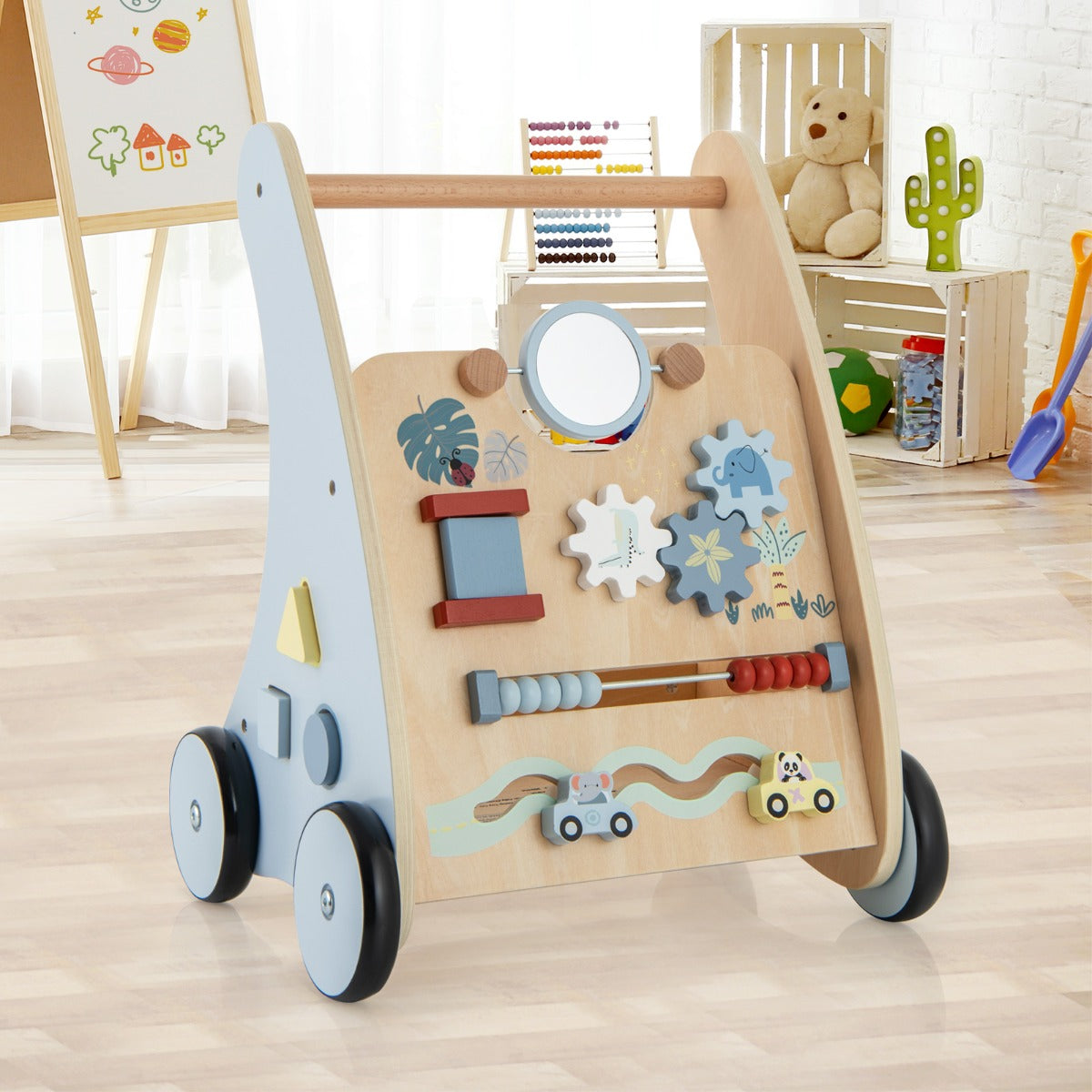 Wooden baby walker with multifunctional activity center for toddlers, promoting motor skills development.