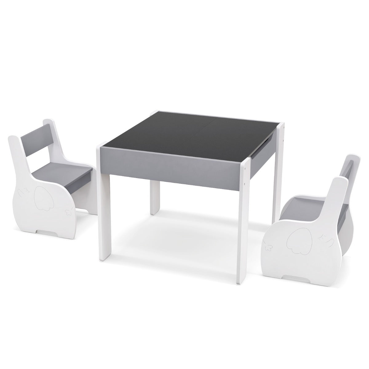 Dark grey 4-in-1 wooden kids activity table and chair set with storage, ideal for home play.