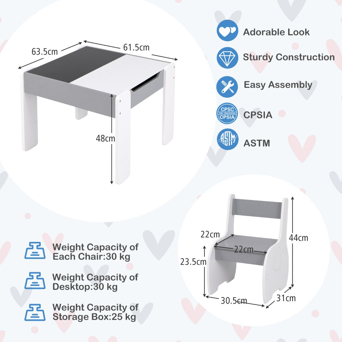 Dark grey 4-in-1 wooden kids activity table set with storage, ideal for play and learning.