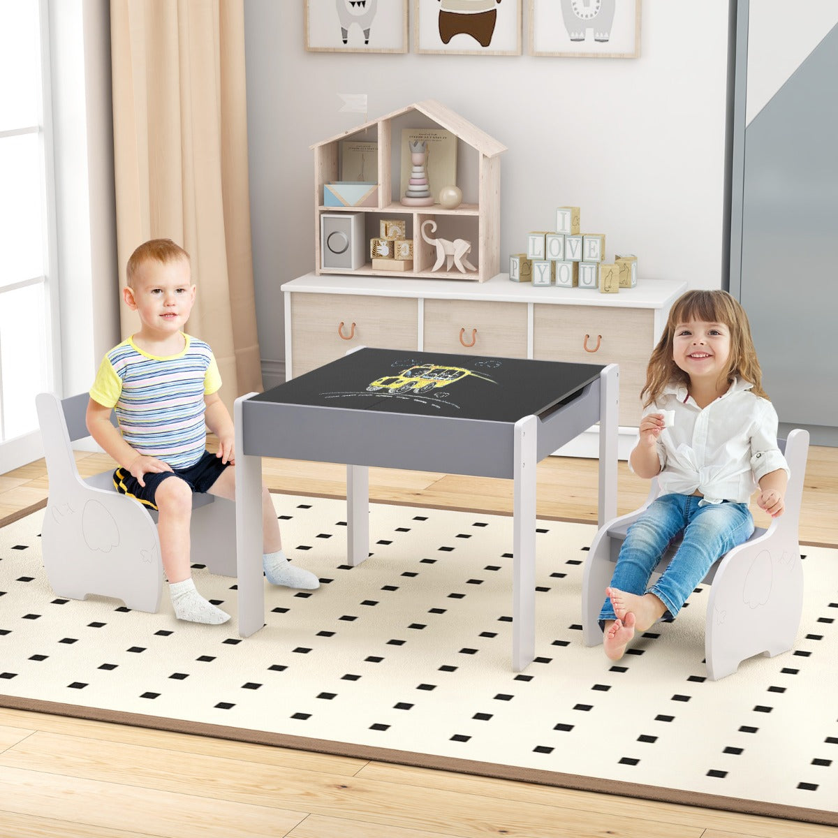 Dark grey 4-in-1 kids activity table and chair set with storage for versatile play and organization