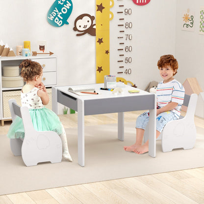 Wooden kids activity table with chair set in dark grey, featuring storage compartments for play.