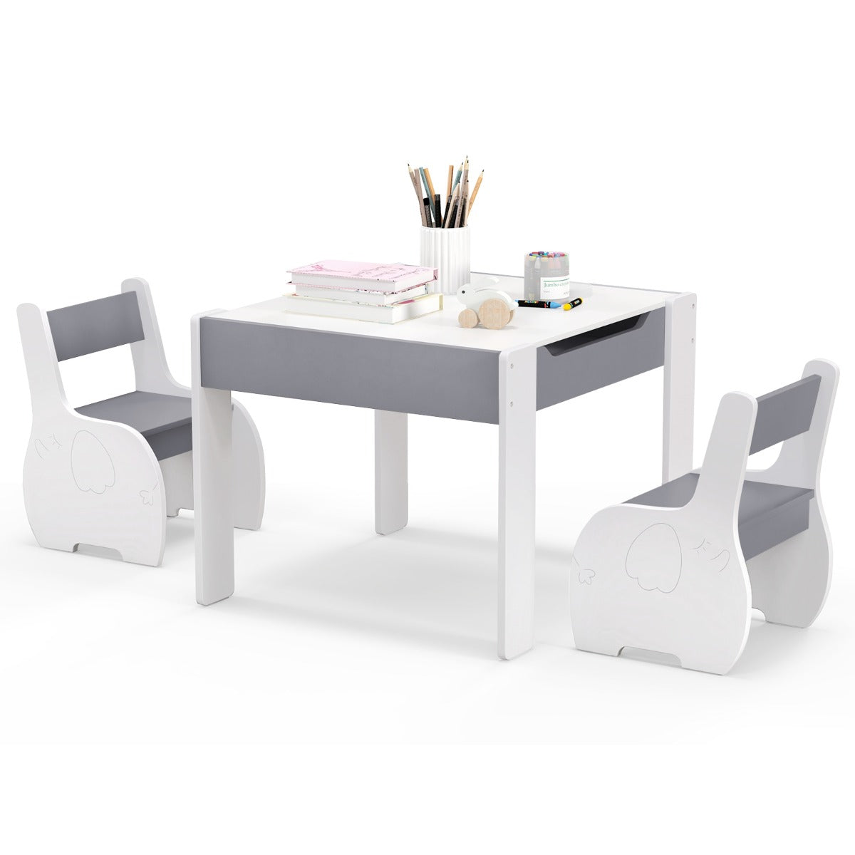 Dark grey 4-in-1 kids activity table with chair set and storage, ideal for creative play.