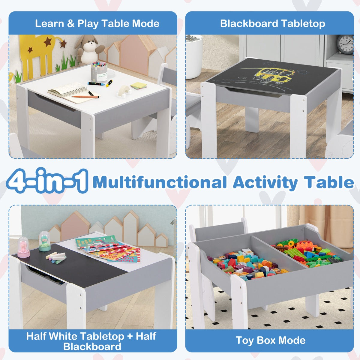 Dark Grey 4-in-1 Kids Activity Table Set with Storage, ideal for creative play.