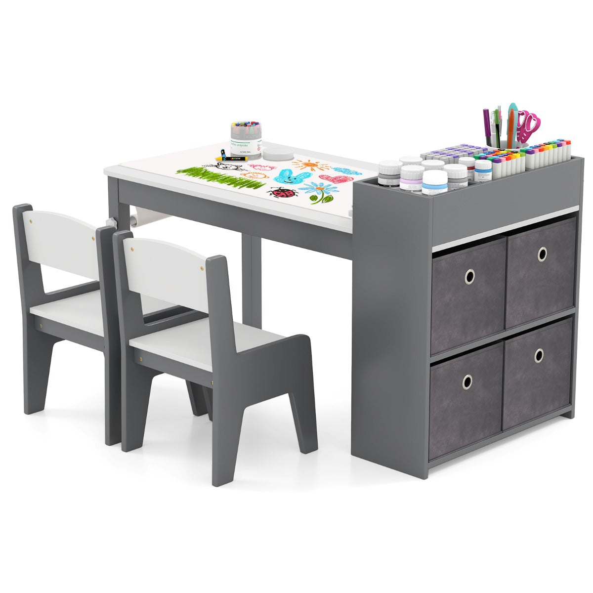 Wooden Kids Art Craft Table | Grey Set with Storage & Paper Roll