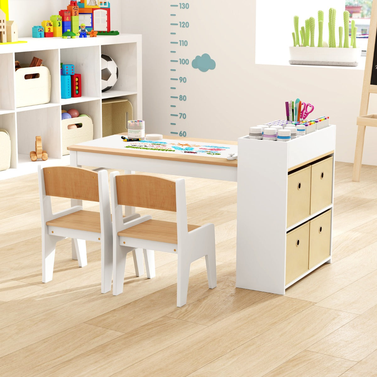 Costway Wooden Kids Art Craft Study Table and Chairs Set with Paper Roll-Natural