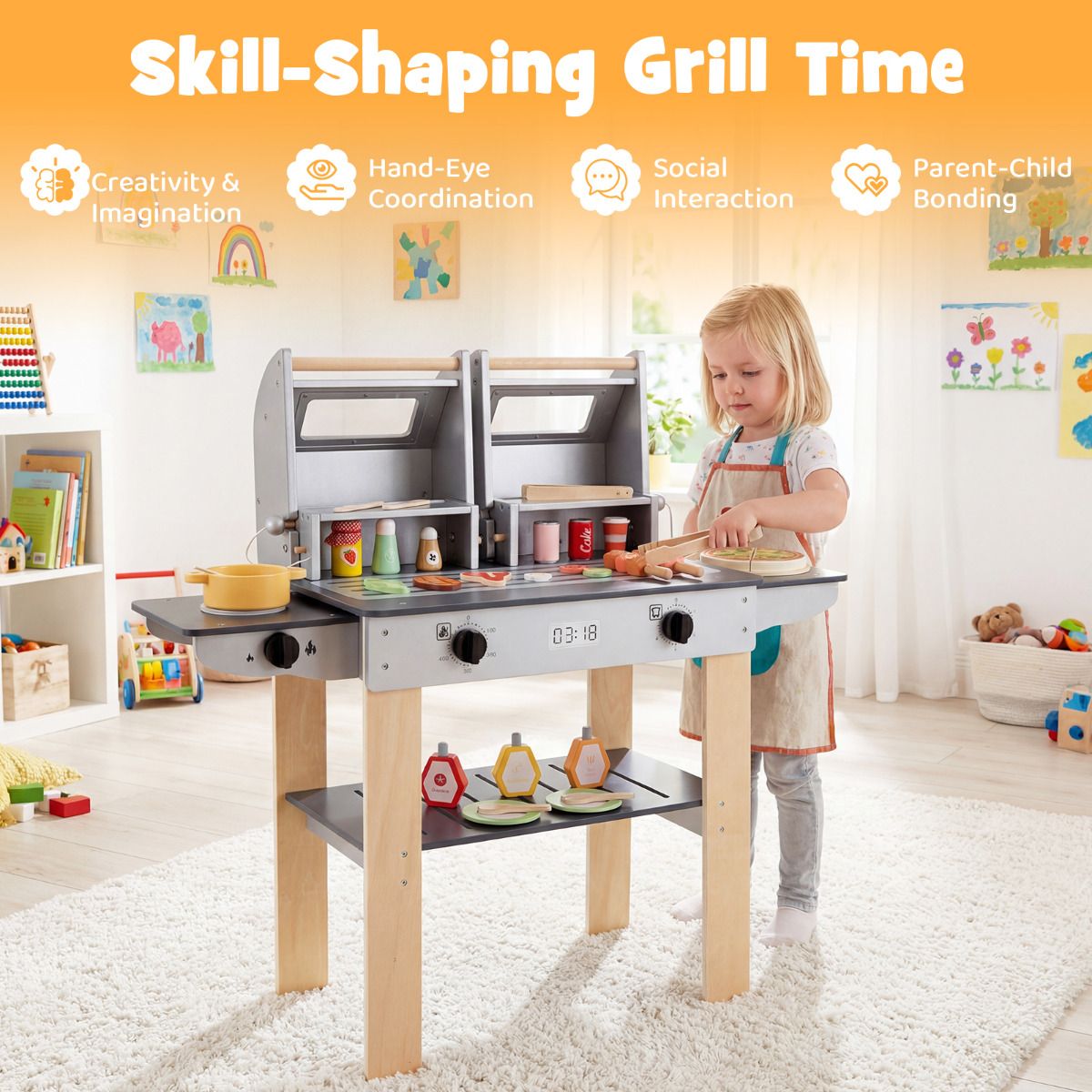 Grey Wooden BBQ Grill Playset | Kids Toy with Tools & Food